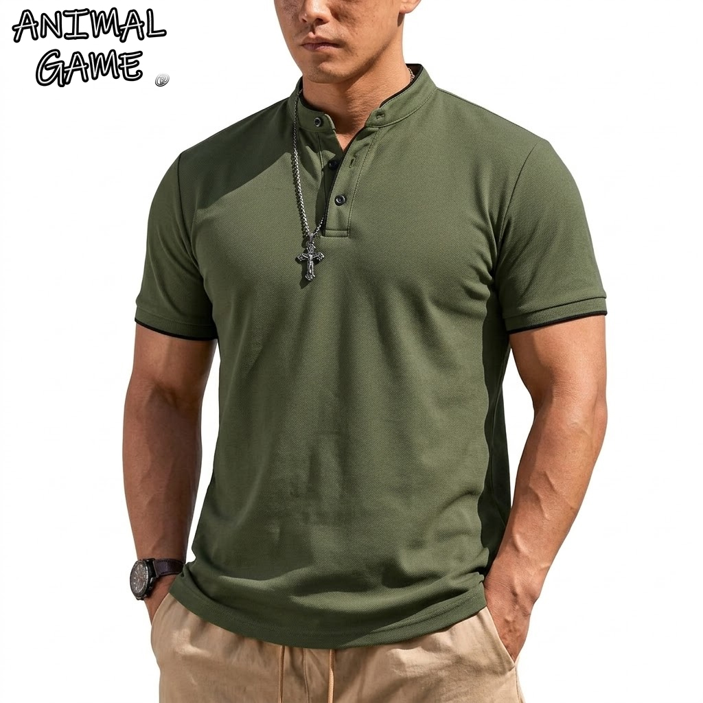 Summer Clothing Line - Summer Short Sleeve Henley Shirt Men